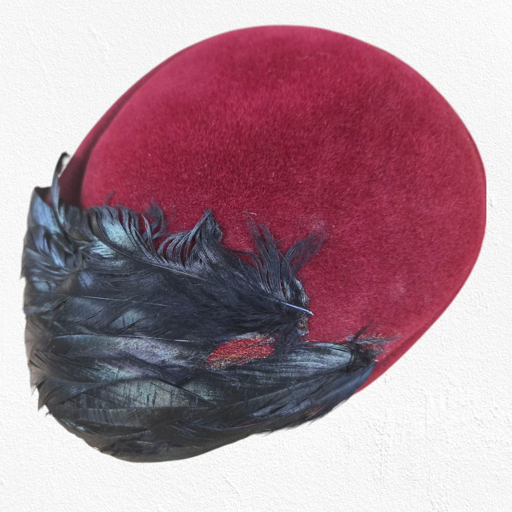 1950s Vintage Burgundy Wool Hat Black Feathers Mid-Century Formal Fascinator - Picture 6 of 10